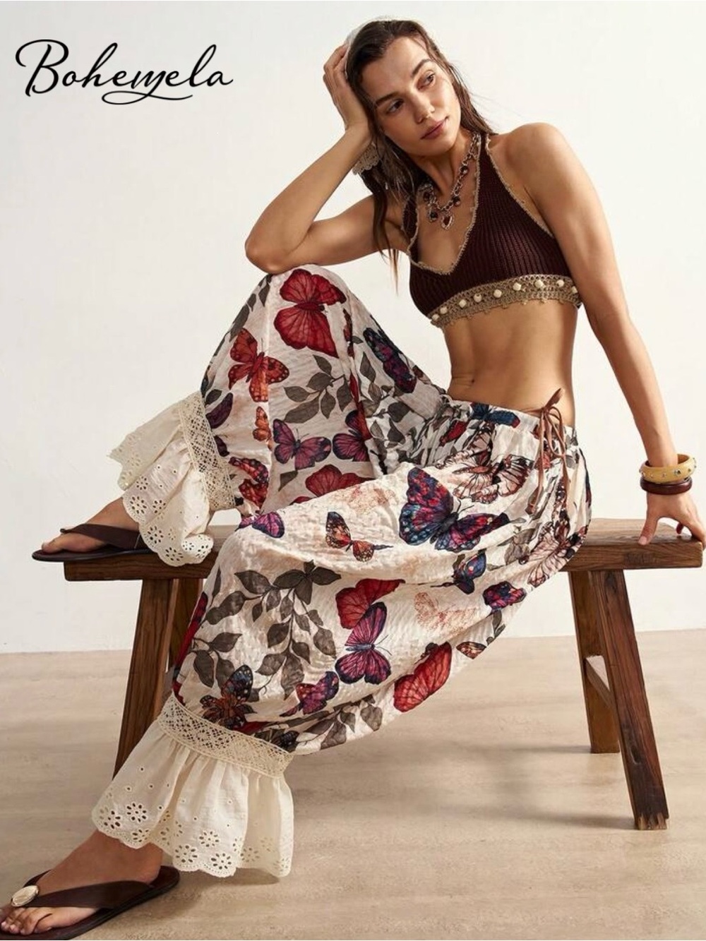 NWOT Bohemela White Butterfly Wide Leg Pants, Bloomers, Size XL